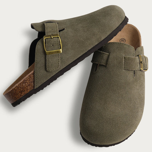 Comwarm Chanclas de ante para mujer, zuecos, sandalias de corcho con soporte para el arco, para exteriores, playa, casa